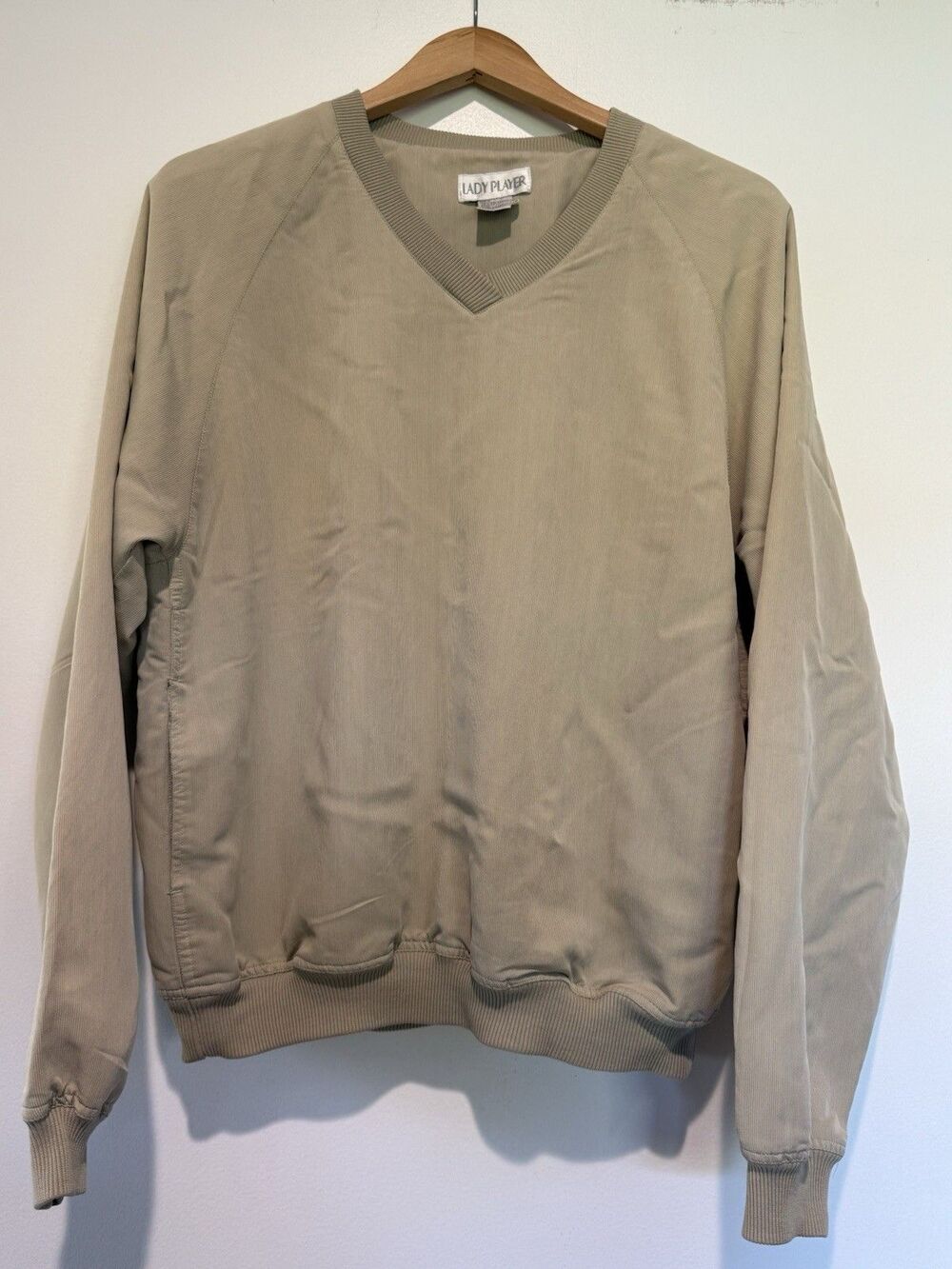 Vtg Lady Player Pullover Jacket Men Medium Tan V Neck Windbreaker Preppy 90s
